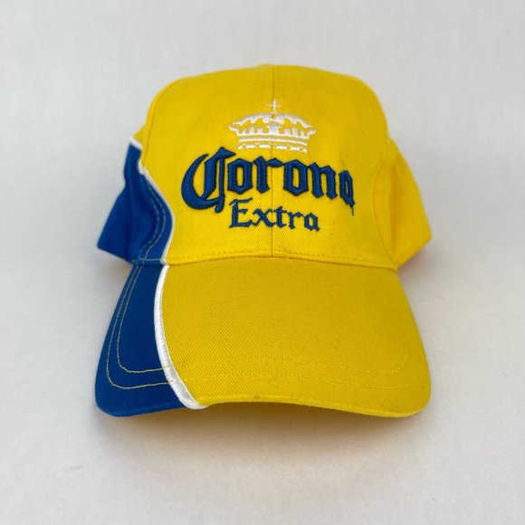 NWT Corona Extra Yellow Blue Hook and Loop Adjustable Hat Cap - Picture 1 of 12